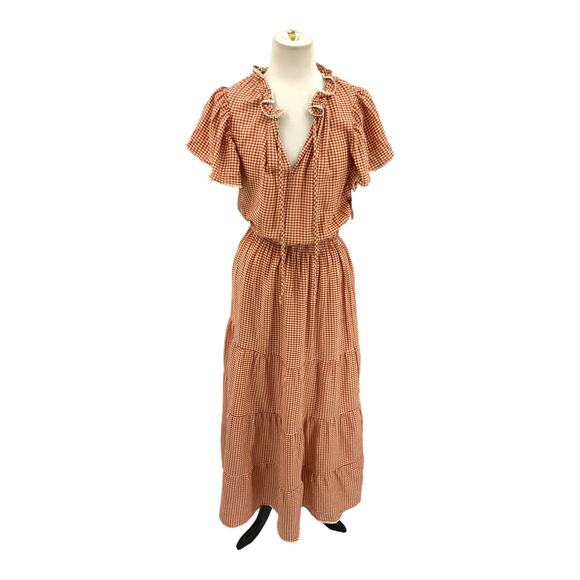 Max Studio Gingham Flutter Sleeve Tiered Maxi Dress Brick Size Large NWOT - Picture 2 of 8